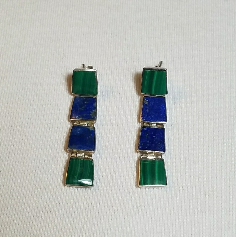 Lapis/Malachite silver link earrings